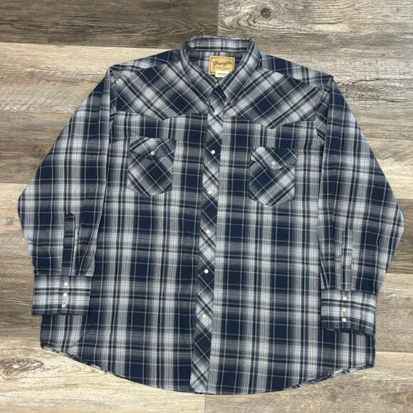 Wrangler Tartan Plaid Gray Blue Mens 3XL Pearl Snap Cowboy Rodeo Western Shirt - Picture 1 of 8